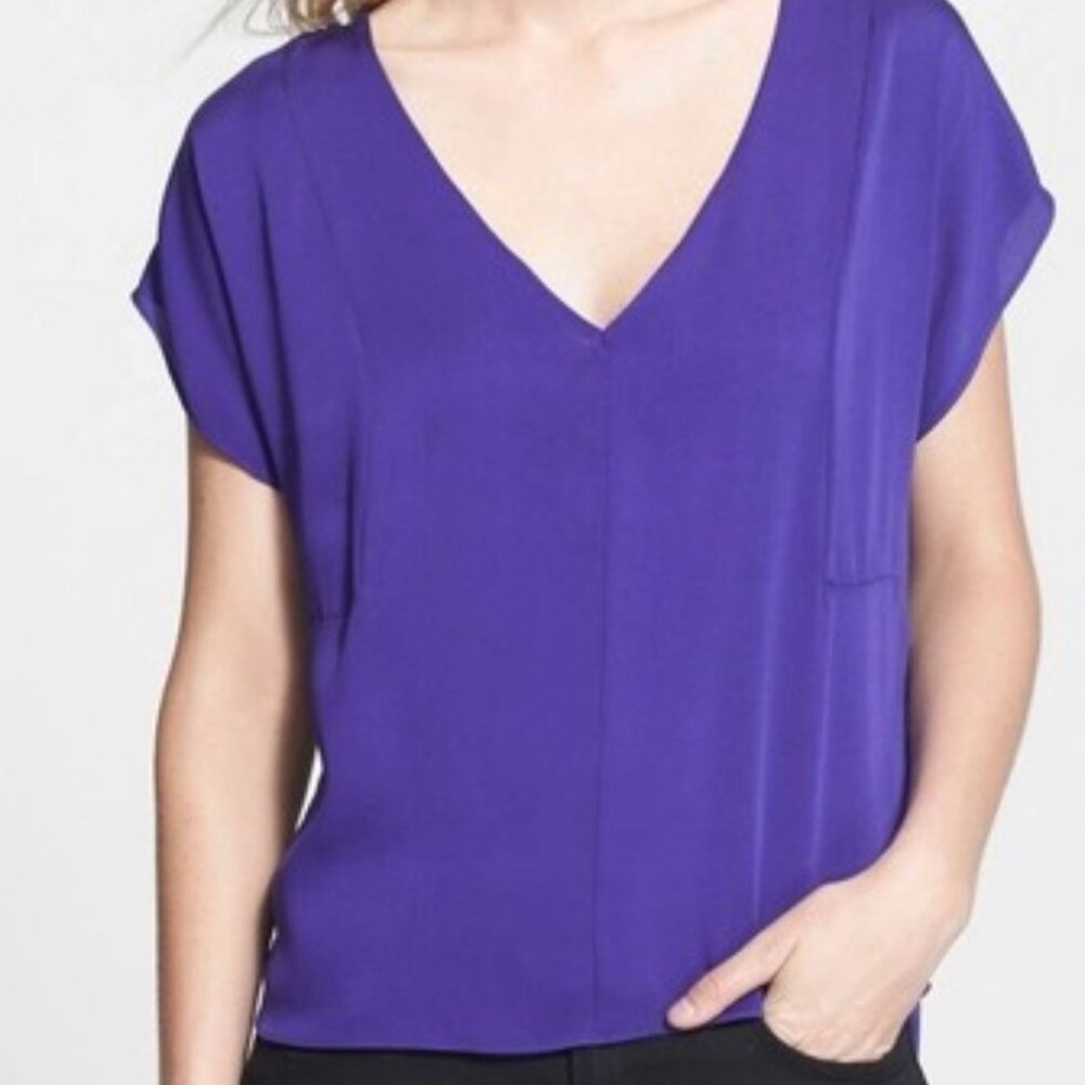 MILLY Purple Silk V Neck Blouse Short Sleeve Layered Hem Size S